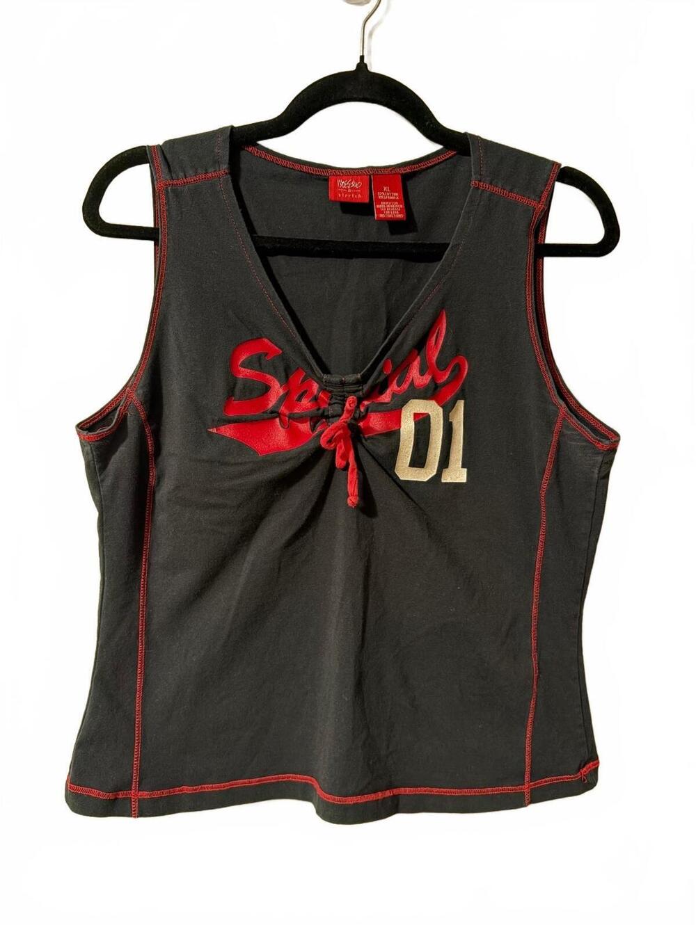 Vintage Missimo Tank Top Womens XL Black Red Lace-Up V-Neck Sleeveless Stretch